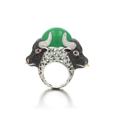 View full screen - View 1 of Lot 249. Chrysoprase, diamond and coloured diamond ring.