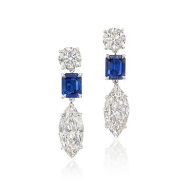 View full screen - View 1 of Lot 352. Pair of Sapphire and Diamond Earrings.