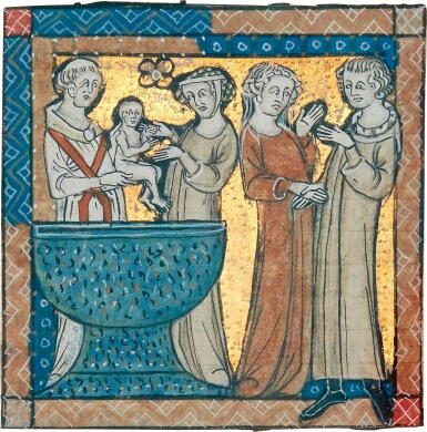 View full screen - View 1 of Lot 6. A miniature from the Decretum Gratiani depicting a baptism and marital vows, on vellum, illuminated by an artist of the Milemete Workshop (England, London?), c.1320–30.