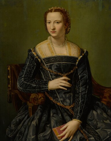 View full screen - View 1 of Lot 24. Portrait of a lady in black, holding a book, three-quarter length.