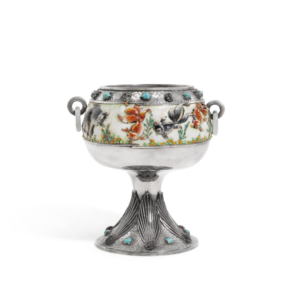 View full screen - View 1 of Lot 165. A Chinese silver and enamel standing bowl, unmarked, circa 1900.