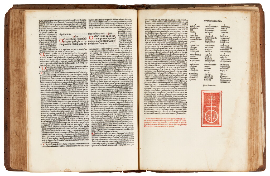 View full screen - View 1 of Lot 38. Bonifacius VIII, Liber sextus decretalium, Venice, 1485, contemporary half calf over wooden boards.