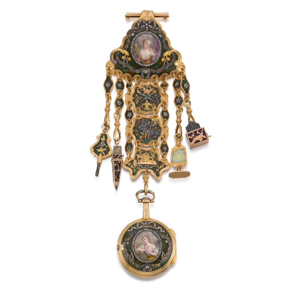 View full screen - View 1 of Lot 275. LEPINE À PARIS | A GOLD AND ENAMEL QUARTER REPEATING VERGE WATCH WITH CHATELAINE, CIRCA 1780.