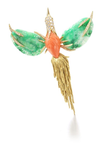 View full screen - View 1 of Lot 744. Sterlé | Coral, jadeite and diamond brooch, circa 1970 | Sterlé | 珊瑚配翡翠及鑽石別針,約1970年.