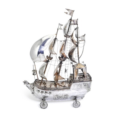View full screen - View 1 of Lot 189. A large silver model of a galleon on wheels, maker's a moon, possibly Karl Mayer of Pforzheim, circa 1900.