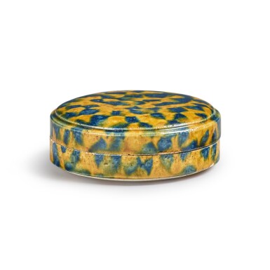 View full screen - View 1 of Lot 176. A dappled blue-and-amber-glazed box and cover, Tang dynasty | 唐 三彩加藍蓋盒.