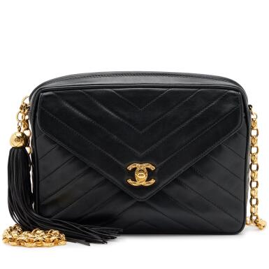 View full screen - View 1 of Lot 152. Vintage Black Chevron Lambskin Camera Bag Gold Hardware, 1991-1994.