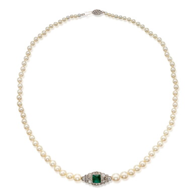 View full screen - View 1 of Lot 129. Natural Pearl, Emerald and Diamond Necklace.