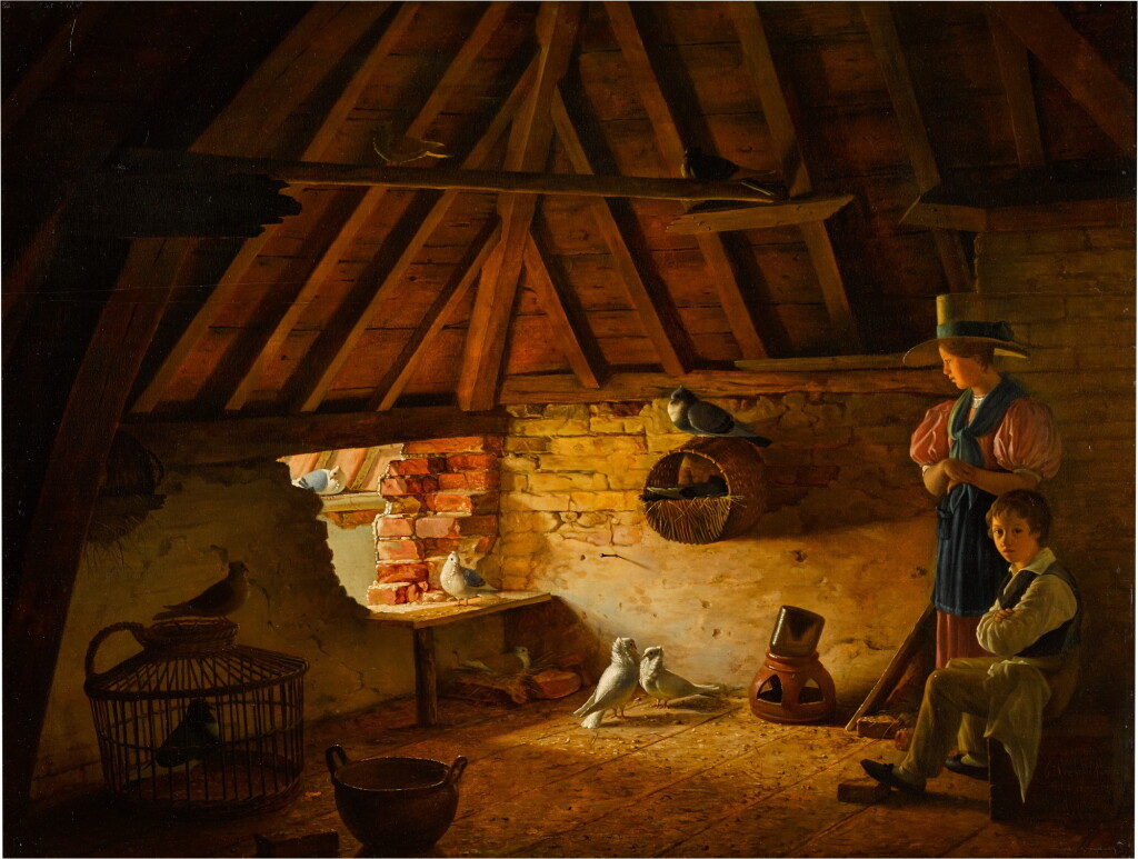 View full screen - View 1 of Lot 380. A boy and girl with their pigeons in a loft.