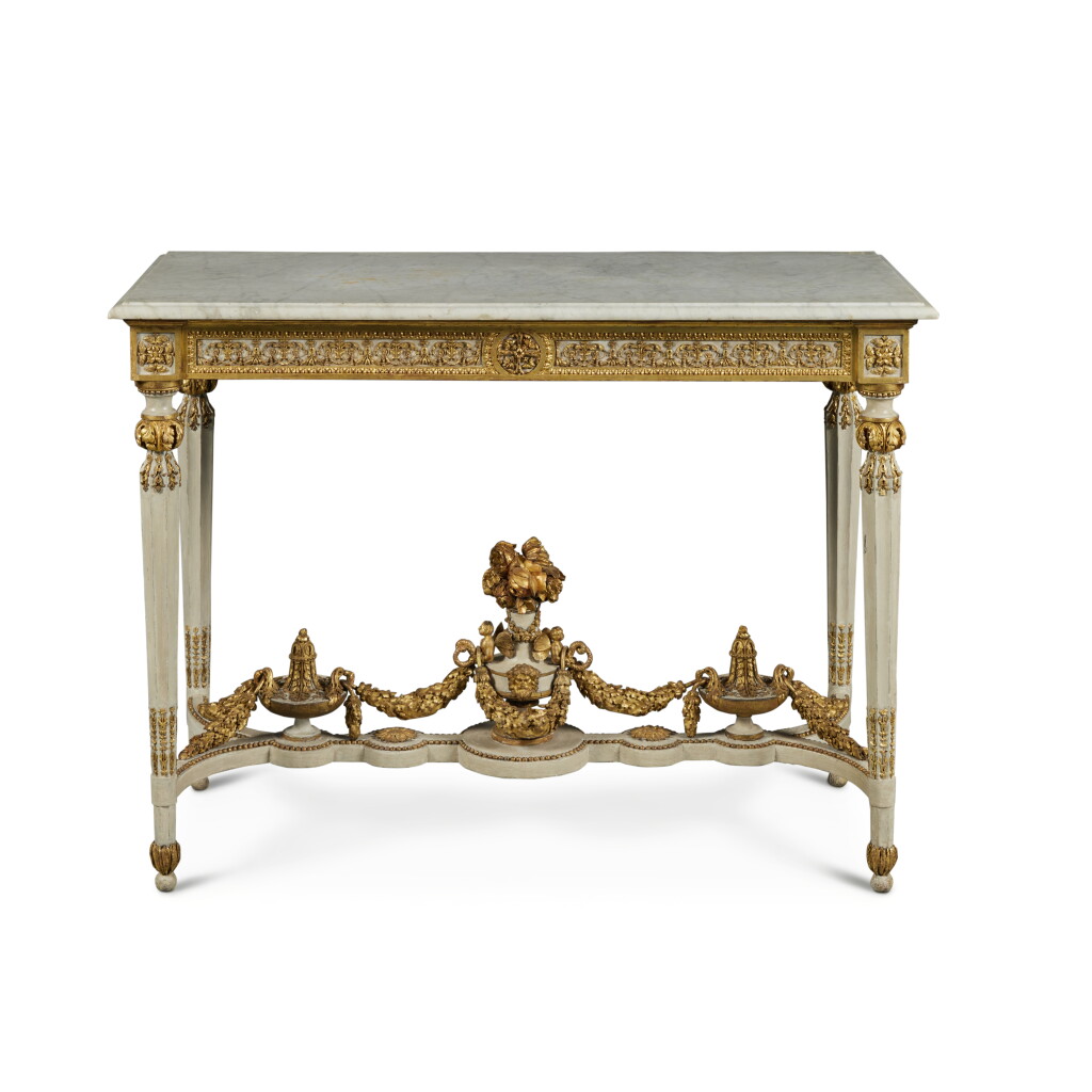 View full screen - View of An Austrian Neoclassical Grey-Painted and Parcel Gilt Console Table, Late 18th Century.