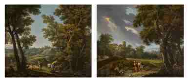 View full screen - View 1 of Lot 655. A wooded landscape with figures crossing a stream next to a shepherd and his flock; A wooded landscape with shepherds frightened by lightning, a town in the distance.