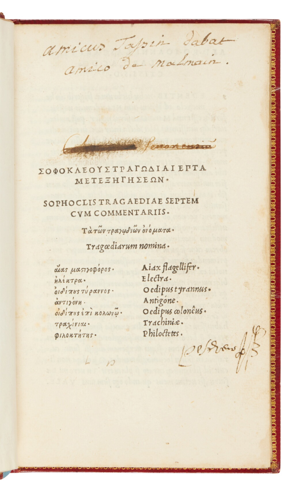 View full screen - View 1 of Lot 287. Sophocles, Tragodiai, Venice, Aldo Manuzio, 1502, Parisian straight-grained red morocco gilt by Bozérian Jeune.