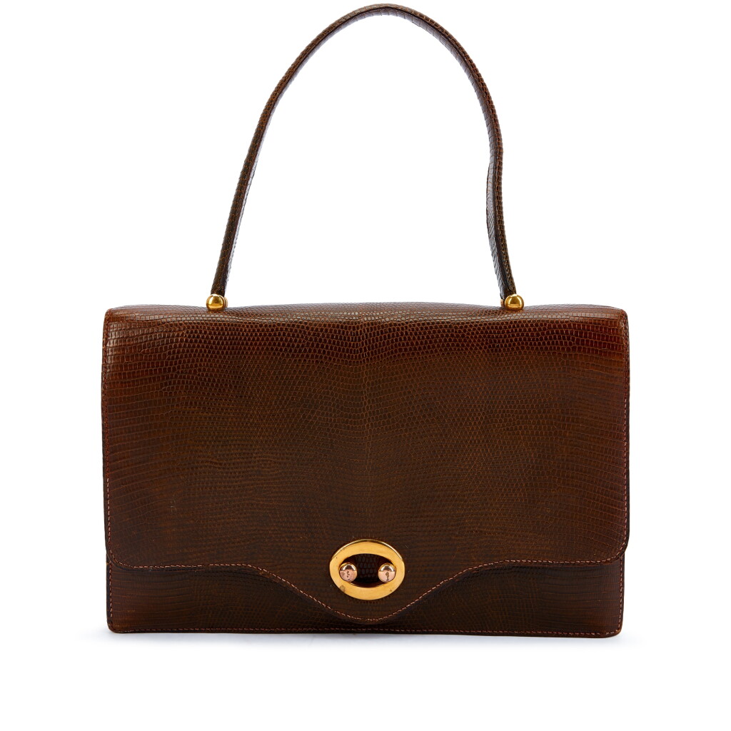 View full screen - View 1 of Lot 6148. Vintage Brown Shiny Lizard Boutonniere Clutch Gold Hardware.