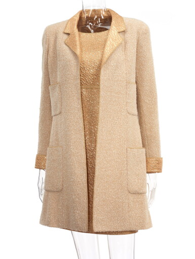 View full screen - View 1 of Lot 2. GOLDEN WOOL BOUCLÉ AND LAMÈ SHIFT ENSEMBLE, CHANEL.