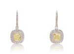 PAIR OF FANCY YELLOW DIAMOND AND DIAMOND PENDENT EARRINGS | 1.08及1.08卡拉 古墊形 彩黃色 VS1淨度 鑽石 配 鑽石 吊耳環一對