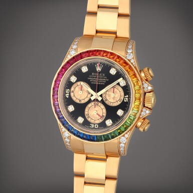 View full screen - View 1 of Lot 44. Daytona 'Rainbow', Reference 116598RBOW | A yellow gold, diamond and multi-coloured sapphire-set chronograph wristwatch with bracelet | Circa 2012 | 勞力士 | Daytona 'Rainbow' 型號116598RBOW | 黃金、鑽石及彩色剛玉計時鏈帶腕錶,製作年份約2012.