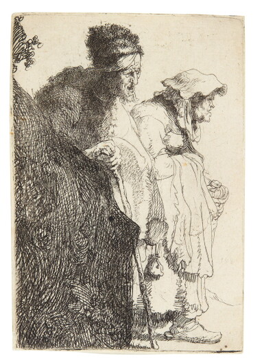 View full screen - View 1 of Lot 58. REMBRANDT HARMENSZ. VAN RIJN | BEGGAR MAN AND WOMAN BEHIND A BANK (B., HOLL. 165; NEW HOLL. 51; H. 13).