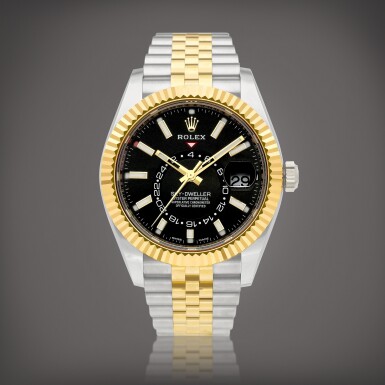 View full screen - View 1 of Lot 2108. Sky-Dweller, Reference 326933 | A yellow gold and stainless steel annual calendar dual time zone wristwatch with bracelet, Circa 2021 | 勞力士 | SKY-DWELLER 型號326933 | 黃金及精鋼年曆兩地時間鏈帶腕錶,約2021年製.