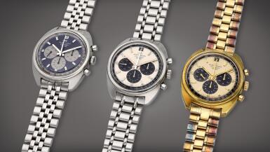 View full screen - View 1 of Lot 474. A lot of three automatic chronograph wristwatches with date and bracelet, Circa 1980.