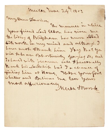 View full screen - View 1 of Lot 96. NELSON | autograph letter signed, to Alexander Davison, 1802.