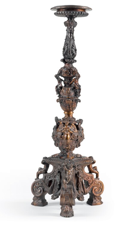 View full screen - View 1 of Lot 56. ATTRIBUTED TO THE WORKSHOP OF NICCOLÒ ROCCATAGLIATA (FL. 1593-1636) OR HIS SON SEBASTIANO NICOLINI (ACTIVE AFTER 1614), ITALIAN, VENICE, 17TH CENTURY | CANDLESTICK .