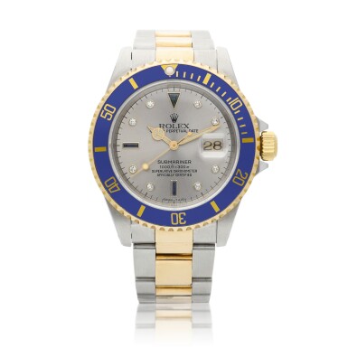 View full screen - View 1 of Lot 8026. Submariner, Reference 16613, A yellow gold, stainless steel, diamond and sapphire-set wristwatch with date and bracelet, Circa 1993 | 勞力士 Submariner 型號16613 黃金及精鋼鑲鑽石及藍寶石鏈帶腕錶,備日期顯示,約1993年製.