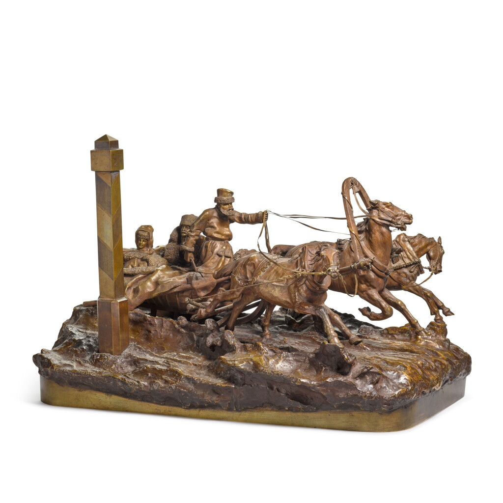 View full screen - View 1 of Lot 154. The Milepost: a bronze figural group, Grachev, cast by Woerffel, St Petersburg, 19th century.