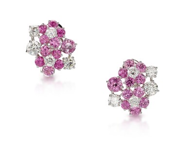 View full screen - View 1 of Lot 1423. GRAFF | PINK SAPPHIRE AND DIAMOND EARRINGS | 格拉夫 | 粉紅剛玉 配 鑽石 耳環一對 ( 粉紅剛玉及鑽石共重約3.49及1.97卡拉 ).