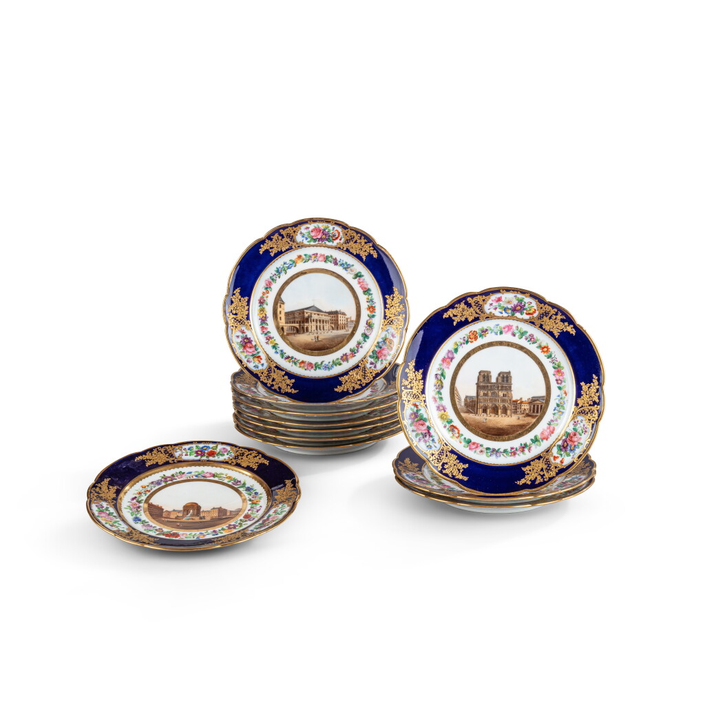 View full screen - View 1 of Lot 584. Eleven Paris (Feuillet) porcelain blue-ground topographical plates, circa 1830.