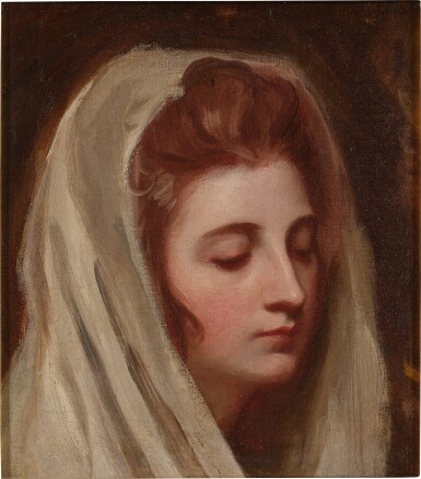 View full screen - View 1 of Lot 500. A portrait of Emma Hamilton (1765–1815), bust-length, wearing a white cowl with eyes averted.