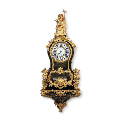 View full screen - View 1 of Lot 6. A Louis XV gilt-bronze mounted tortoiseshell and brass marquetry musical cartel, circa 1740, attributed to François Goyer.