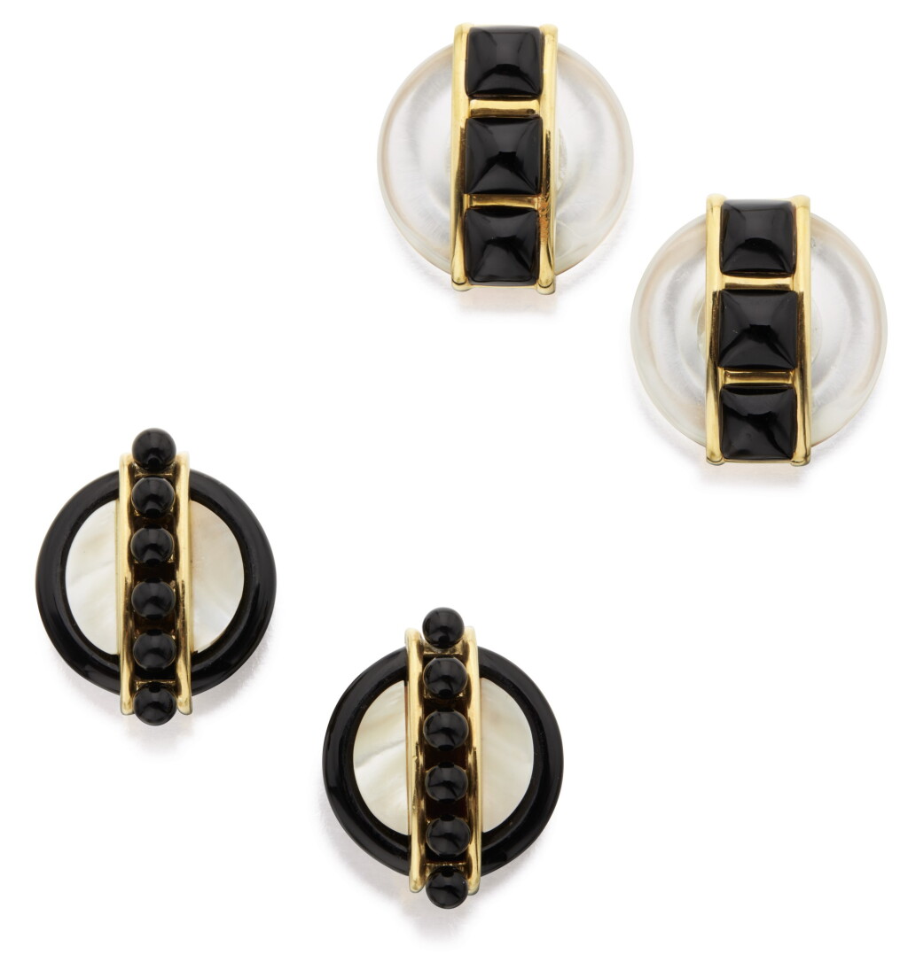 View full screen - View 1 of Lot 365. TWO PAIRS OF GOLD AND HARDSTONE EARCLIPS, ALDO CIPULLO FOR CARTIER.