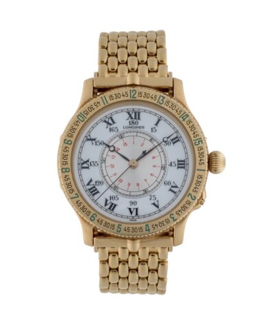 View full screen - View 1 of Lot 90. LONGINES | LINDBERGH HOUR ANGLE WATCH, REF 989.5216 YELLOW GOLD AVIATOR'S WRISTWATCH WITH BRACELET CIRCA 1987.