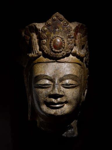 View full screen - View 1 of Lot 172. A carved limestone head of a bodhisattva, Northern Qi / Northern Zhou dynasty.