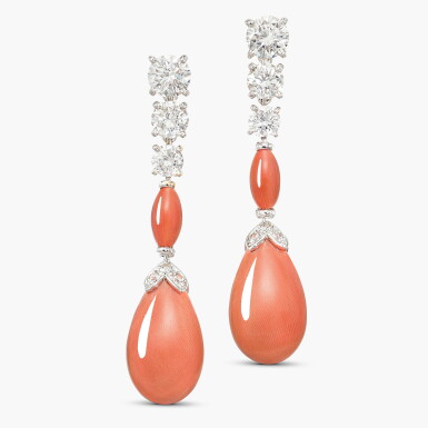View full screen - View 1 of Lot 1665. Pair of Coral and Diamond ‘Arabesque’ Pendent Earrings | 梵克雅寶 | 珊瑚 配 鑽石 'Arabesque' 耳墜一對.
