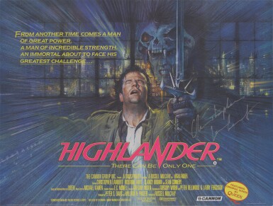 View full screen - View 1 of Lot 286. HIGHLANDER (1986) POSTER, BRITISH, SIGNED BY CHRISTOPHER LAMBERT.