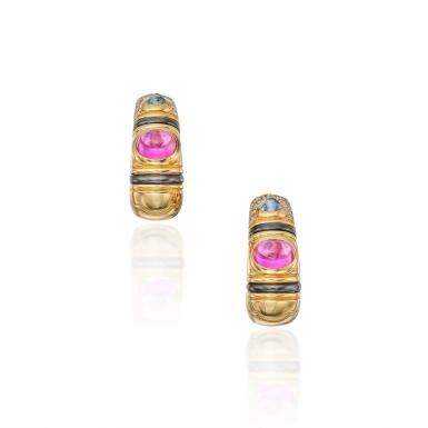 View full screen - View 1 of Lot 464. Pair of Gold, Synthetic Colored Stone and Diamond Earclips.