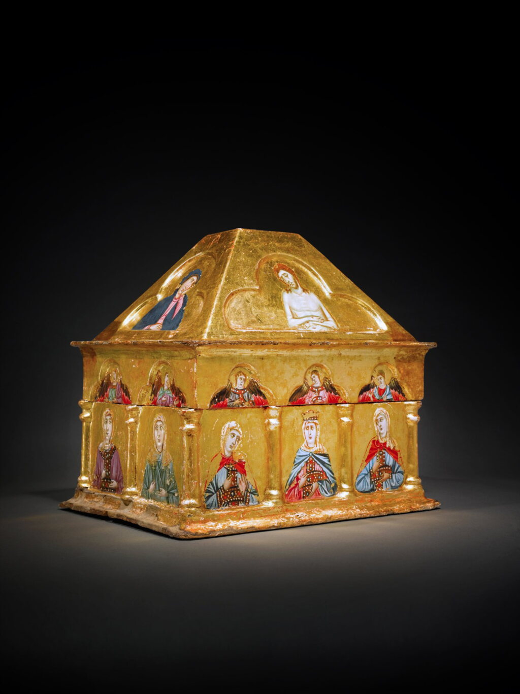 View full screen - View 1 of Lot 1. Painted Cassetta with the Vir Dolorum, the Madonna and Saint John the Evangelist, and a Female Saint (Possibly Saint Helena), Ten Female Martyr Saints, and Ten Angels.