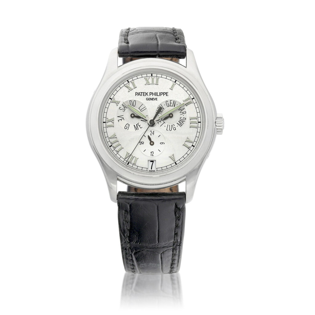 View full screen - View 1 of Lot 8014. Reference 5035, A white gold annual calendar wristwatch with date, 24 hours indication and Italian calendar, Circa 2003 | 百達翡麗 型號5035 白金年曆腕錶,備24小時顯示及意文日曆,約2003年製.