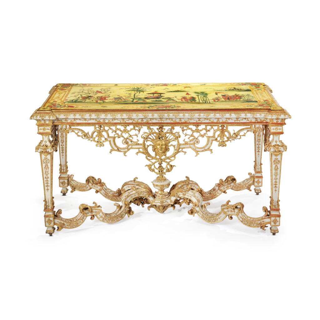 View full screen - View 1 of Lot 25. An Italian carved giltwood and painted polychrome japanned centre table, Royal Workshops of Turin, second quarter 18th century.