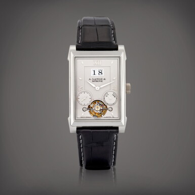 View full screen - View 1 of Lot 2167. Cabaret Tourbillon, Reference 703.025 | A platinum tourbillon wristwatch with digital date display and power reserve indication, Circa 2008 | 朗格 | Cabaret Tourbillon 型號703.025 | 鉑金陀飛輪腕錶,備數位日期及動力儲備顯示,約2008年製.