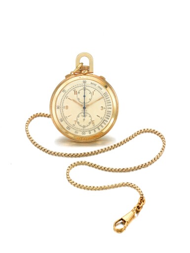 View full screen - View 1 of Lot 35. PATEK PHILIPPE | REFERENCE 685 RETAILED BY SERPICO Y LAINO: A YELLOW GOLD OPEN FACED CHRONOGRAPH WATCH WITH VERTICAL REGISTERS, CIRCA 1945.