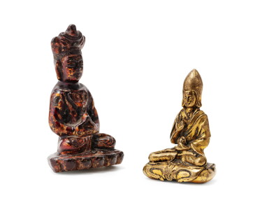 View full screen - View 1 of Lot 170. A miniature gilt-bronze Gelugpa Lama, Qing dynasty, 18th century, and a buddhist figure | 清十八世紀 鎏金銅黄教喇嘛坐像 及 銅佛敎人物坐像 一組兩尊.