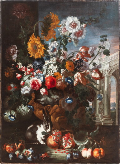 View full screen - View 1 of Lot 512. Still life with a vase of flowers, rabbits and fruits against an architectural background .