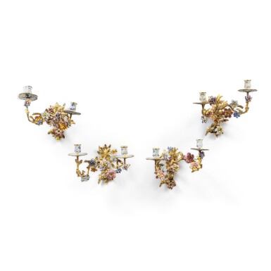 View full screen - View 1 of Lot 153. A set of four Austrian gilt-bronze and enamel two-light wall appliques, Vienna, late 19th century, in the taste of Christoph Jünger .