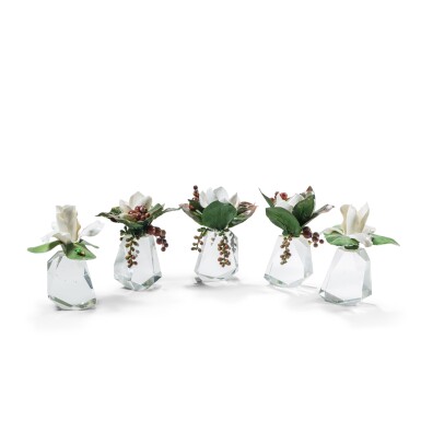 View full screen - View 1 of Lot 128. A set of five glass porcelain, fabric and resin candlesticks, modern.