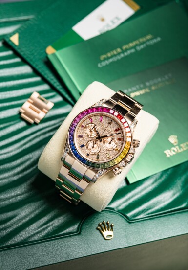 View full screen - View 1 of Lot 77. Reference 116595 'Rainbow' Daytona | A pink gold, diamond and colored sapphire-set automatic chronograph wristwatch with bracelet, Circa 2018 | 勞力士 116595 型號 'Rainbow' Daytona | 粉紅金鑲鑽石及彩色剛玉自動上鏈計時鍊帶腕錶,約2018年製.