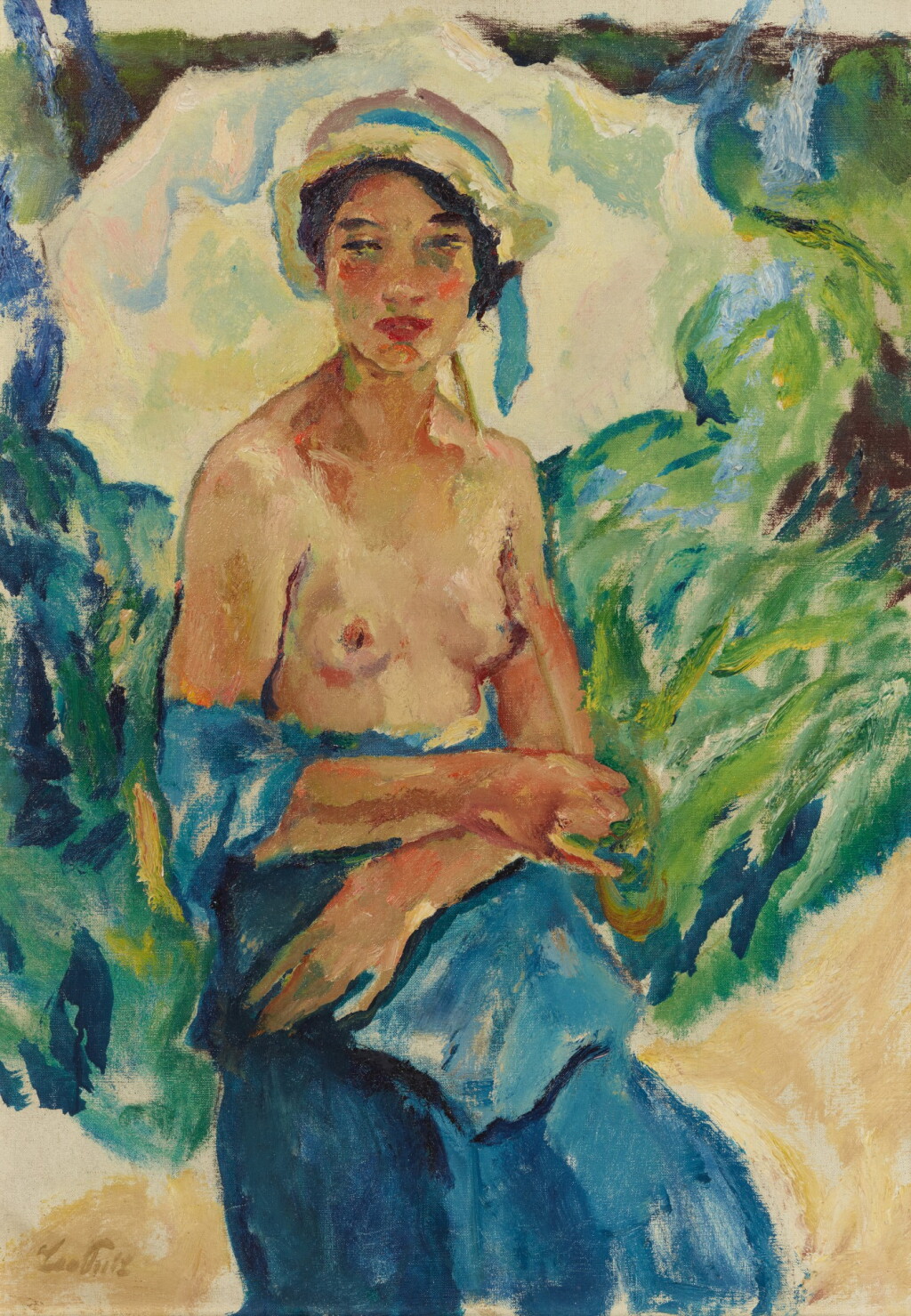 View full screen - View 1 of Lot 38. Halbakt in blauem Kleid (Semi Nude in Blue Dress) .