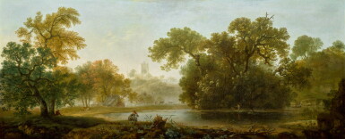 View full screen - View 1 of Lot 90. GEORGE SMITH OF CHICHESTER | Wooded river landscape, with a cathedral beyond.