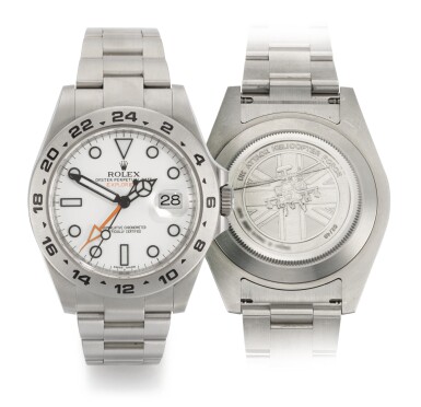 View full screen - View 1 of Lot 2. ROLEX | EXPLORER II UK ATTACK HELICOPTER FORCE, REFERENCE 216570 NO 2/48 MILITARY STAINLESS STEEL DUAL-TIME WRISTWATCH WITH DATE AND BRACELET, CIRCA 2015.